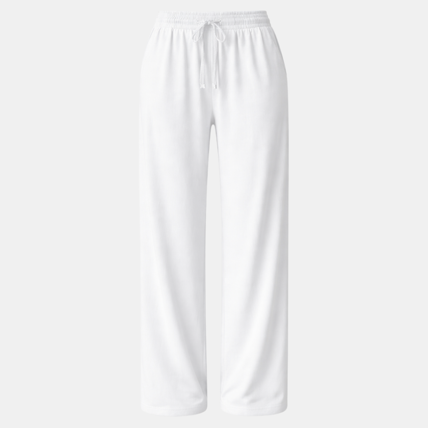 FJØRNA women's wide-leg drawstring lounge trousers, loose pull-on pants with a relaxed fit and comfortable waistband.