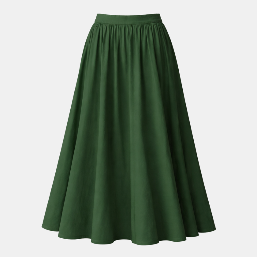 FJØRNA high-waist white A-line maxi skirt for women, flowing and elegant, styled with a smooth waistband and full length.