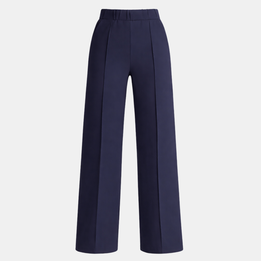 FJØRNA women's high-waist wide-leg trousers with a loose fit, pull-on style, made from lightweight fabric, shown on a model.