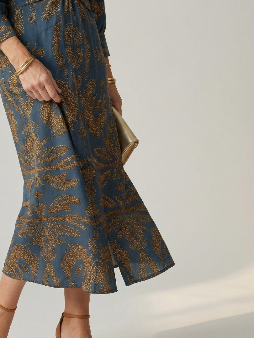 FJØRNA summer midi dress for women, long sleeve wrap style with a flowy silhouette, perfect for warm weather.