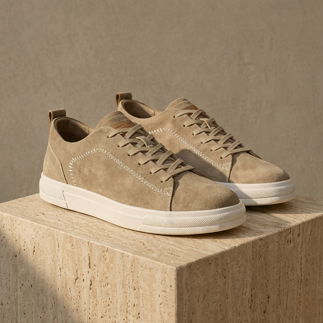 FJØRNA men's suede trainers shoes with stylish design, featuring tan suede material and comfortable lace-up style.