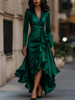 Navy blue satin maxi dress with draped design and ruffle details from FJØRNA, featuring elegant flowing fabric and sleeveless style.