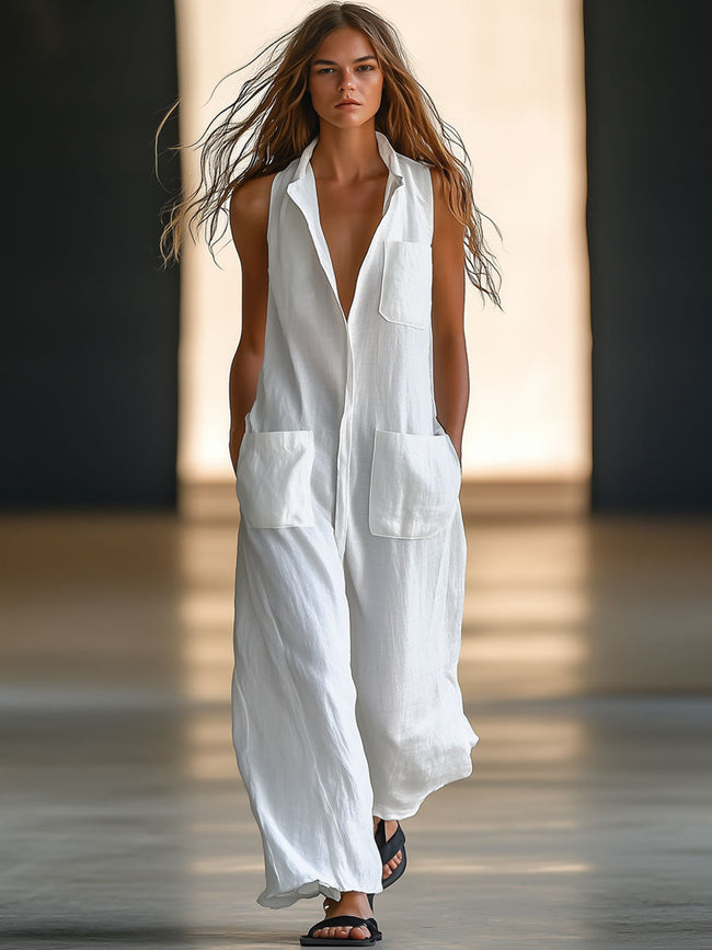 White linen sleeveless wide-leg jumpsuit for women, stylish FJØRNA pants with relaxed fit and elegant design.
