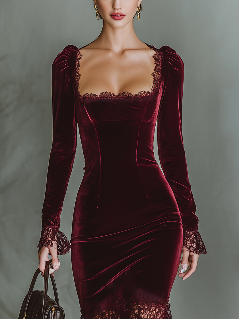 FJØRNA burgundy velvet maxi dress, elegant evening dress with flowing fabric and long sleeves, perfect for formal occasions.