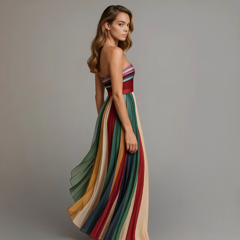 FJØRNA women's lightweight summer maxi dress with pleated ankle-length design, flowing and comfortable for warm weather.