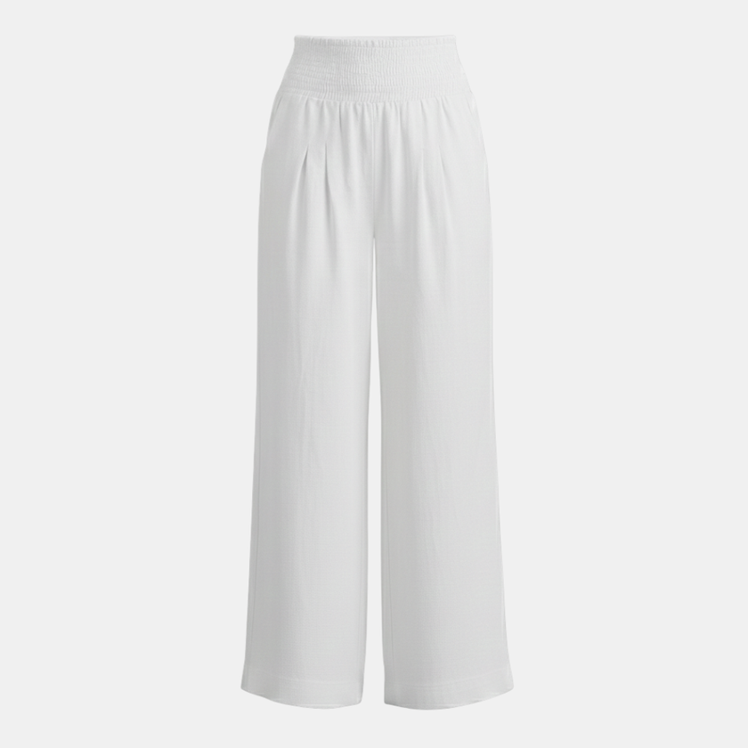 FJØRNA high waist wide leg white trousers for women, stylish and comfortable pants with a relaxed fit and flowing silhouette.