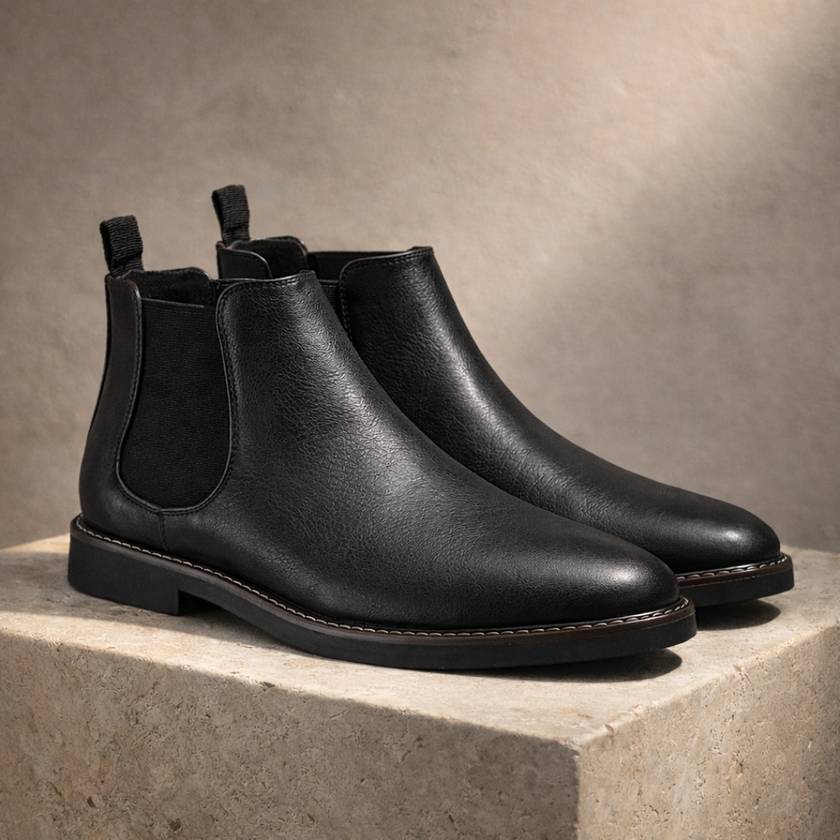 FJØRNA men's retro leather Chelsea boots, stylish slip-on shoes with elastic side panels and a sleek brown finish.
