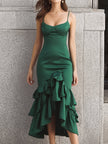 FJØRNA green satin tiered ruffle midi dress with ruffle hem, elegant and flowy, perfect for summer or special occasions.