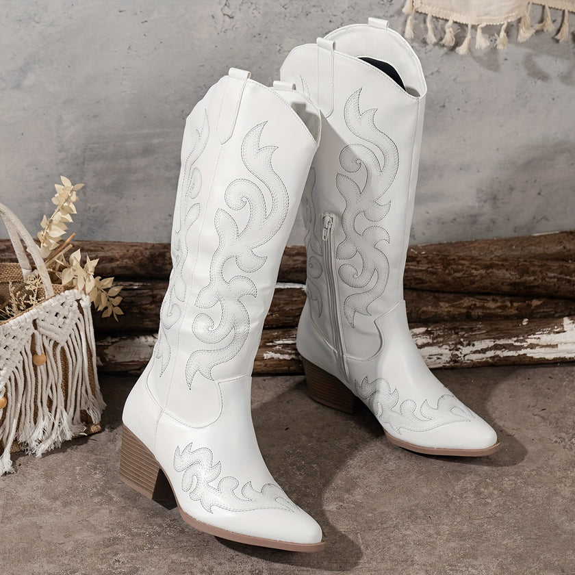 Cowboy Boots Embroidered Knee High Block Heel Pointed Toe Western Boots | Nanna