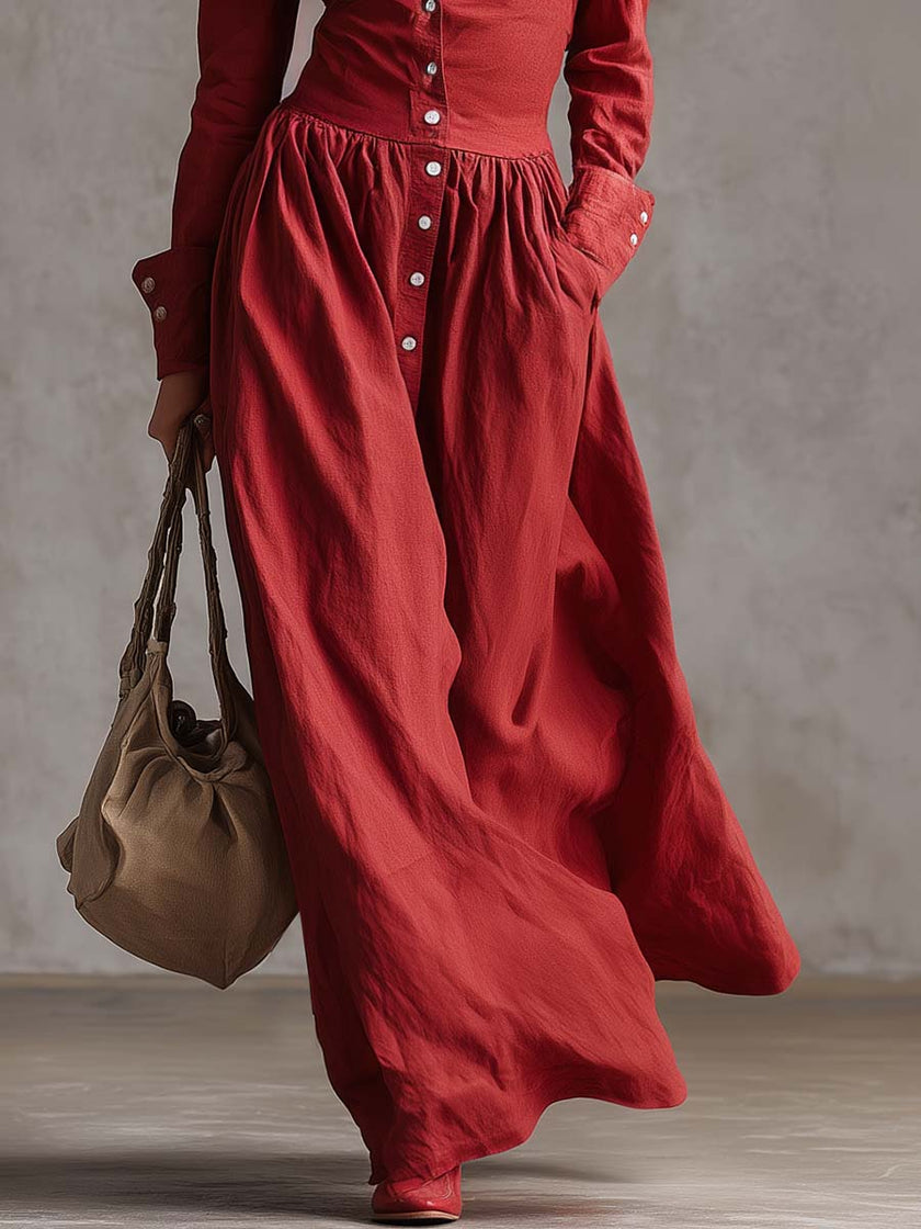 FJØRNA red linen maxi dress with a casual, flowy silhouette and sleeveless design, perfect for warm-weather outings.