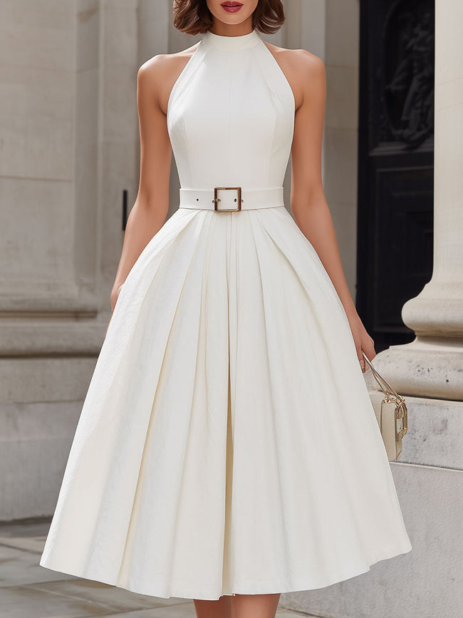 Ivory FJØRNA halter neck pleated midi dress for women, featuring a flowing white fabric and elegant design.