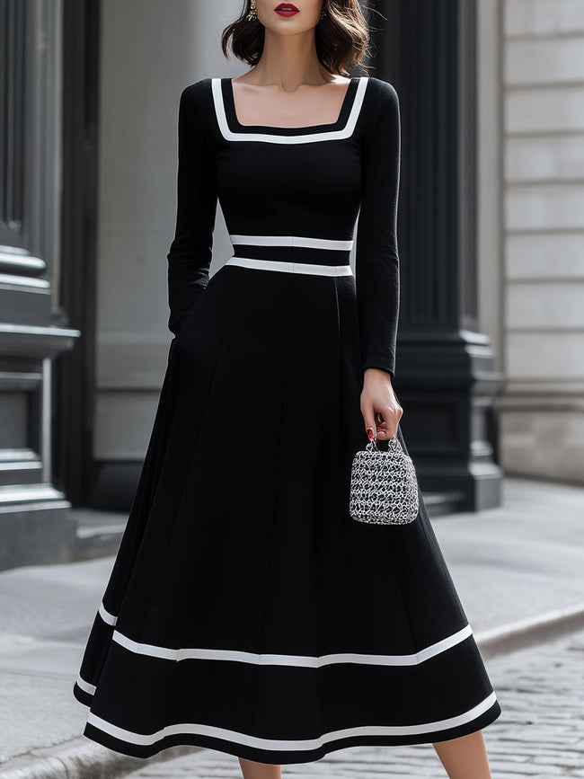 FJØRNA retro black and white contrast square neck midi dress featuring a stylish midi length and vintage-inspired design.