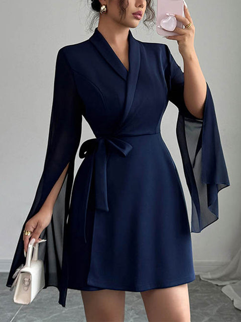 FJØRNA white A-line dress with elastic waist, see-through fabric, interlace design, and split-joint style for women.