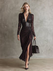 FJØRNA red faux leather maxi dress, elegant evening dress with a flowing silhouette and sleeveless design, perfect for formal occasions.