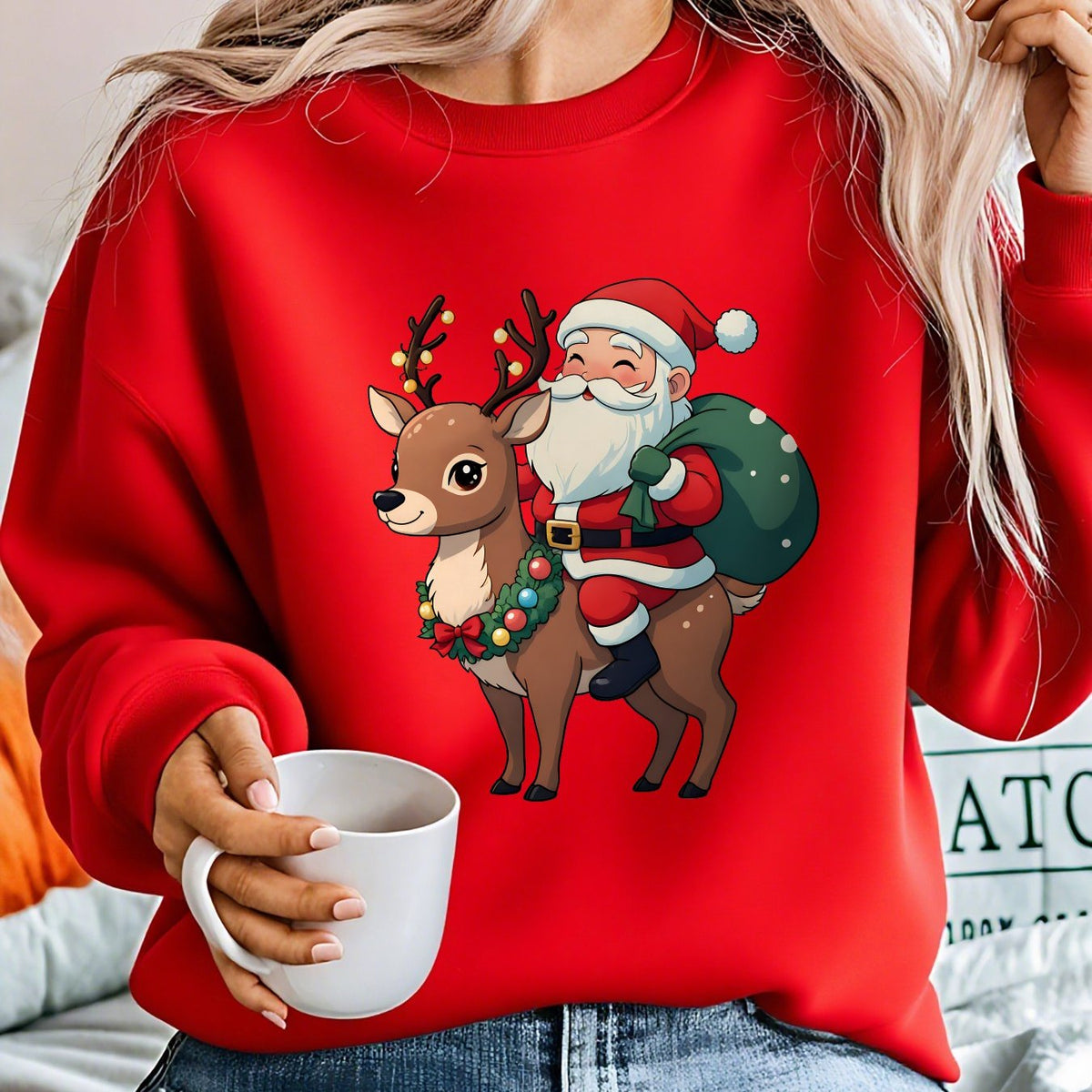 Ugly Christmas Sweater Reindeer Santa Fleece Crew Neck Tacky Holiday Jumper | Cosima