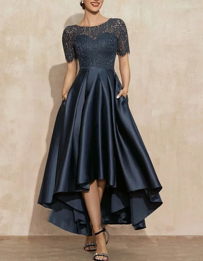 FJØRNA satin midi dress for women, round neck two-piece set with short sleeves, elegant and stylish for special occasions.