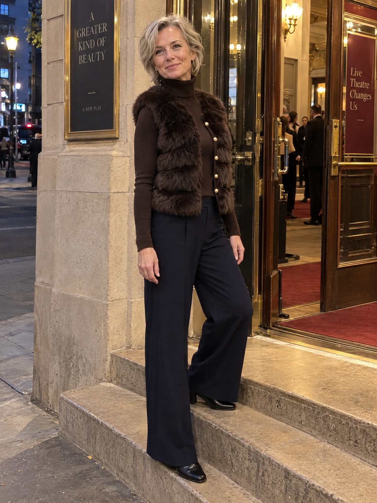 Faux Fur Gilet and Turtleneck Sweater Dress Two-Piece Set in Brown for Women