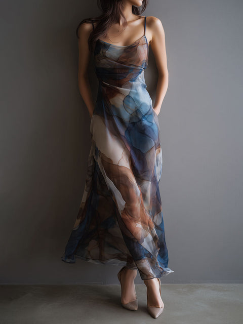 FJØRNA chiffon maxi dress for women with retro style, flowing fabric, and elegant design, perfect for summer or special occasions.