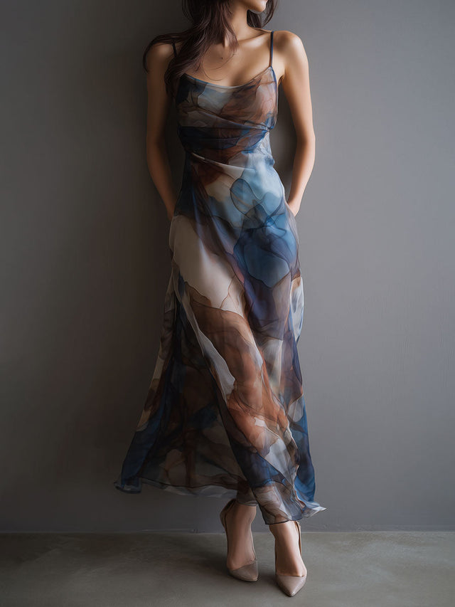 FJØRNA chiffon maxi dress for women with retro style, flowing fabric, and elegant design, perfect for summer or special occasions.