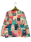 Cat Print Knit Sweater Women Crew Neck Relaxed Fit