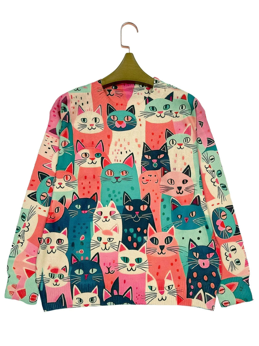Cat Print Knit Sweater Women Crew Neck Relaxed Fit