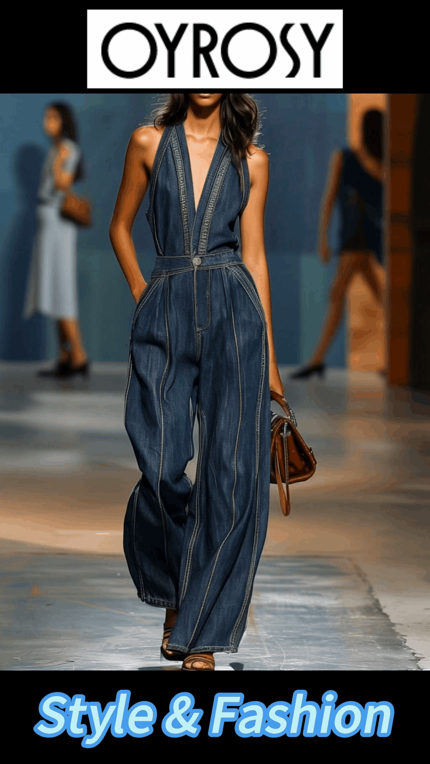 Dark blue denim FJØRNA women's sleeveless V-neck jumpsuit with wide-leg pants, styled for a casual, modern look.