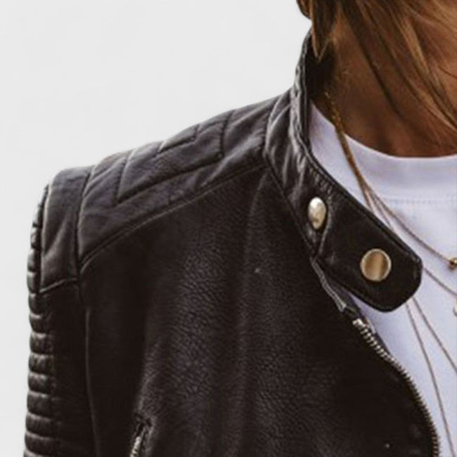 Sanne | Women's Black Collar Long-Sleeve Quilted Cropped Leather Jacket
