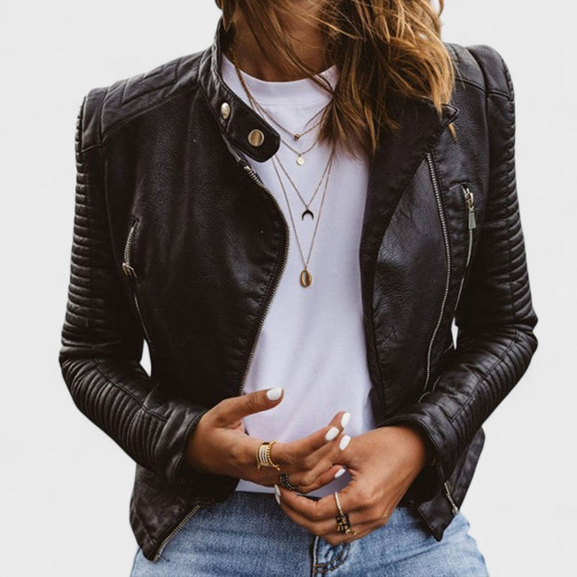 Sanne | Women's Black Collar Long-Sleeve Quilted Cropped Leather Jacket