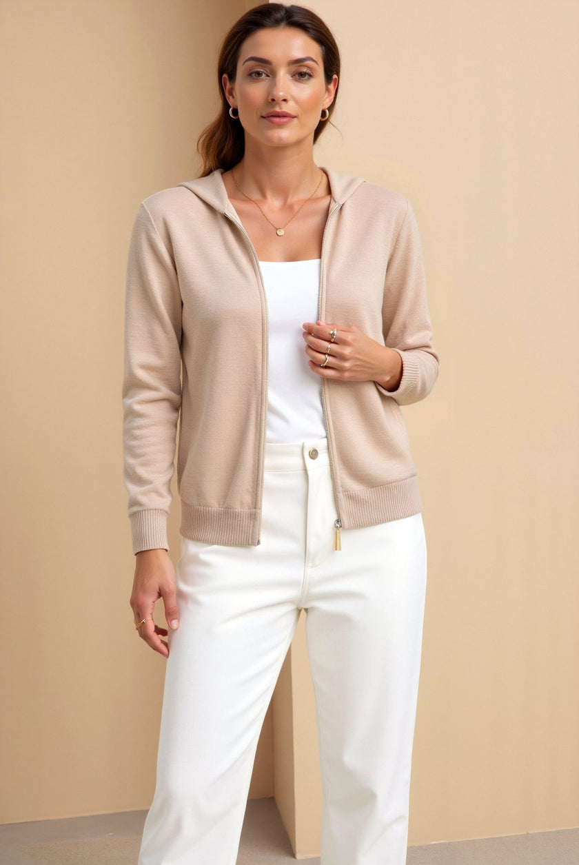 Hooded Zip Sweater Women Cotton Blend Relaxed Fit