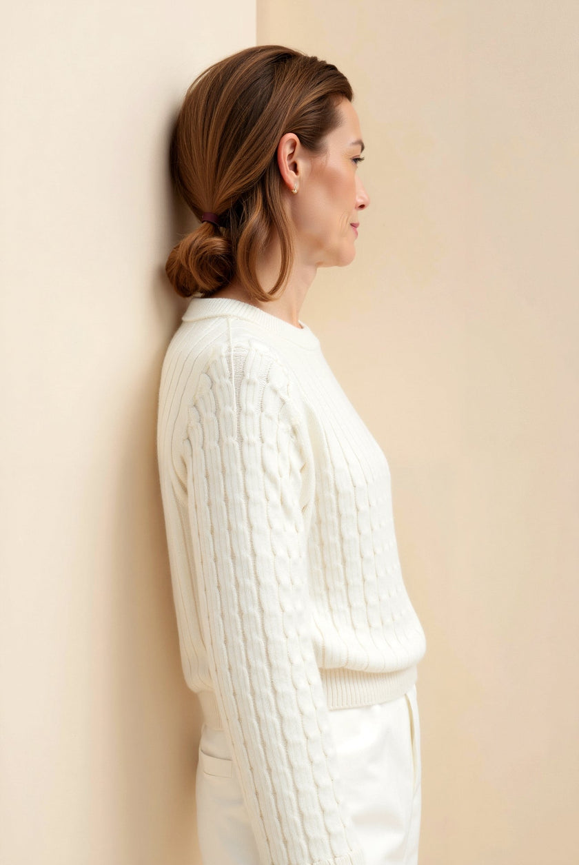 Cable Knit Sweater Women Loose Fit Drop Shoulder Cream