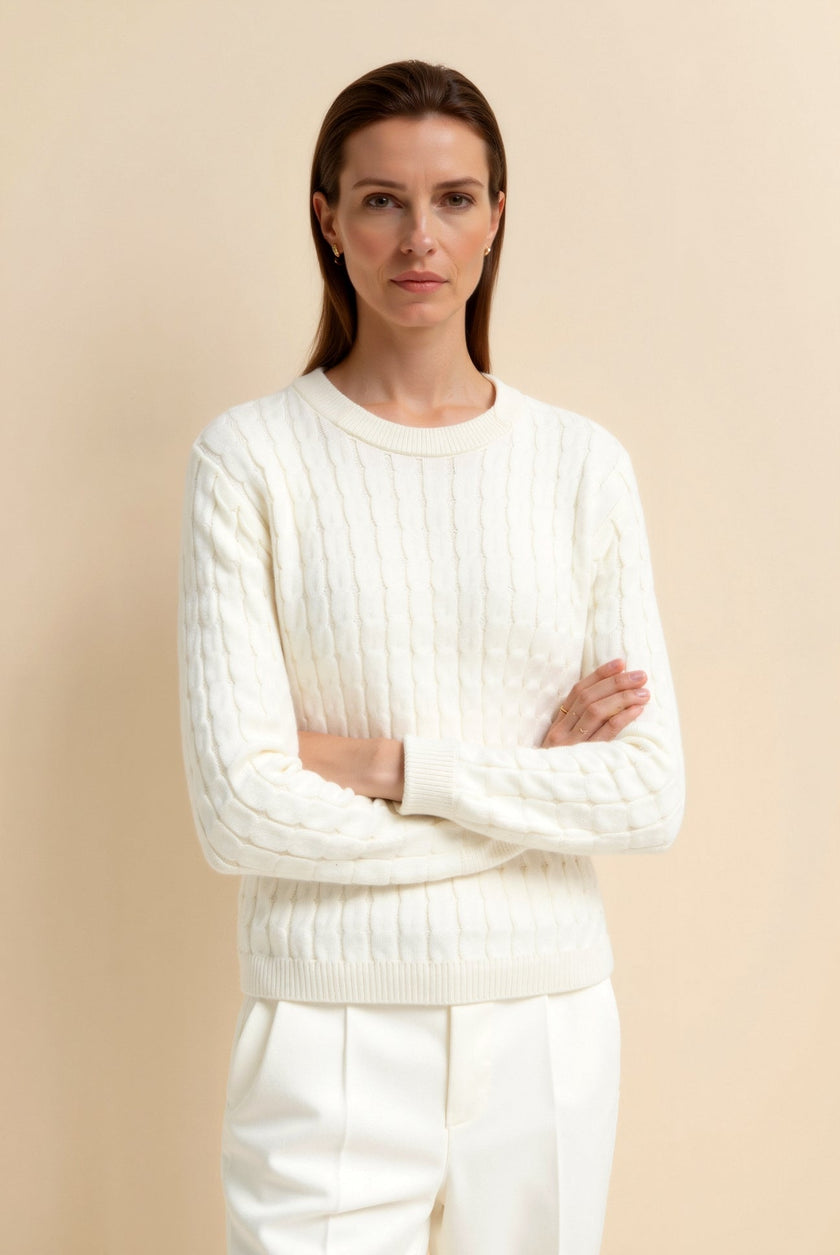 Cable Knit Sweater Women Loose Fit Drop Shoulder Cream