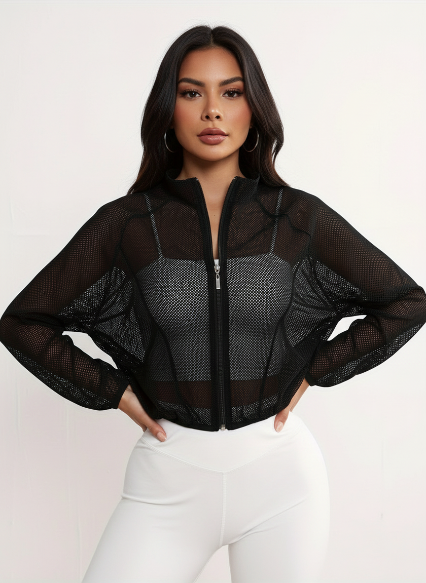 Mesh Jacket Women Cropped Zip Front Lightweight