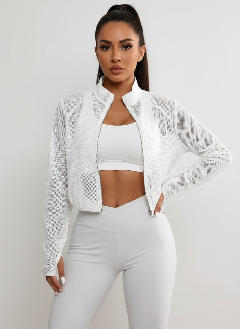 Mesh Jacket Women Cropped Zip Front Lightweight