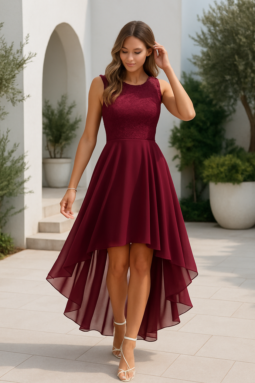 FJØRNA women's sleeveless high-low midi dress with flowing hem, satin fabric, cowl neck, and A-line silhouette for elegant occasions