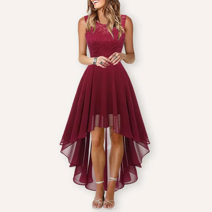 FJØRNA sleeveless high-low midi dress with flowing hem, satin fabric, cowl neck, perfect for women attending weddings or events