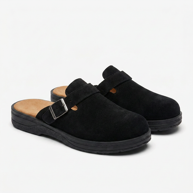 FJØRNA men's PU leather mule clogs with buckle strap, slip-on casual flat shoes shown at an angle.