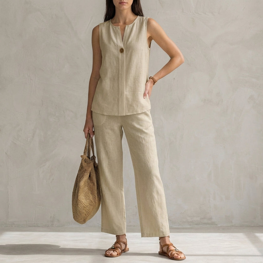 Apricot FJØRNA women's two-piece co-ord set with V-neck top and matching pants, featuring pockets and a stylish, elegant design.