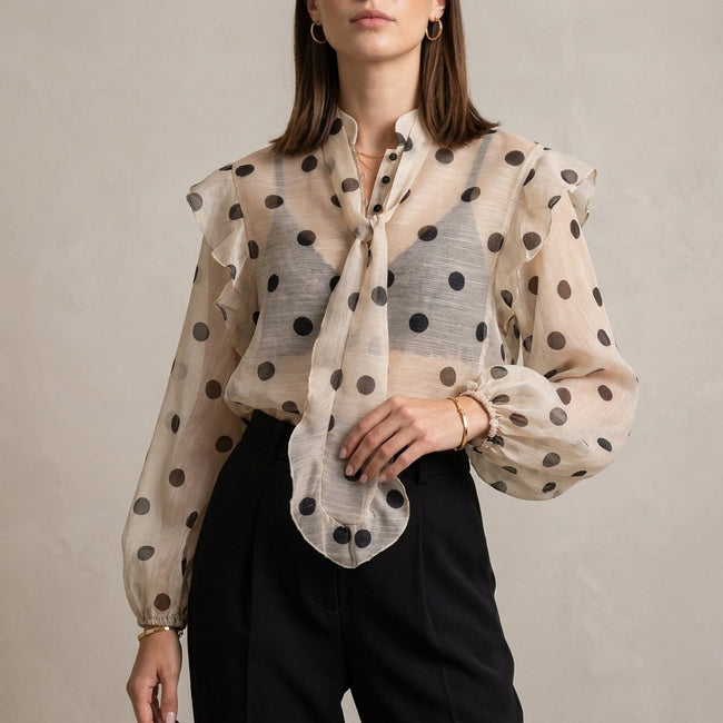 Apricot polka dot long sleeve summer blouse for women by FJØRNA, casual top with a relaxed fit and feminine style.