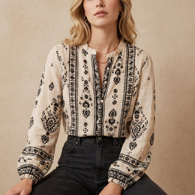 Apricot print V-neck summer blouse for women by FJØRNA, featuring lightweight fabric and stylish design.