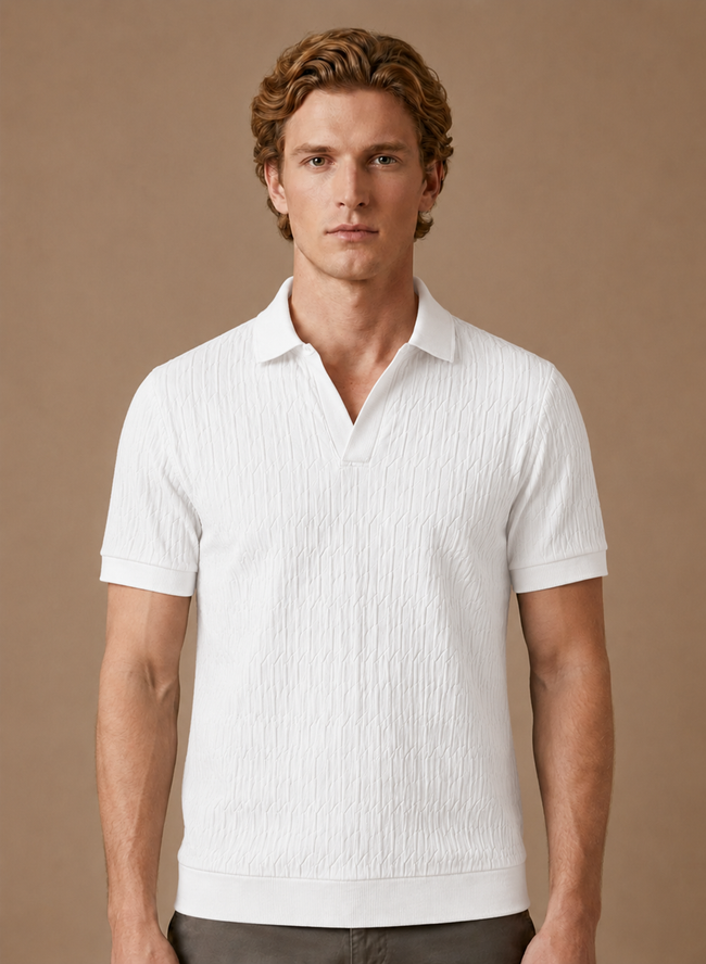 Men's FJØRNA luxury knit polo shirt with soft textured fabric, breathable summer design, ideal for stylish, comfortable wear.