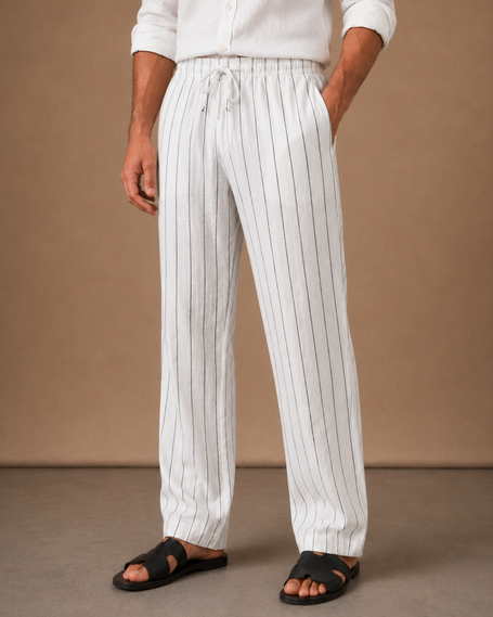 Men's linen drawstring trousers by FJØRNA with relaxed fit and striped design, casual men's pants for comfortable everyday wear
