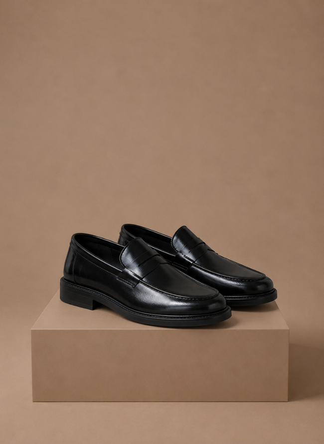 Men's leather penny loafers by FJØRNA featuring classic smart casual style, shown in a sleek black finish.
