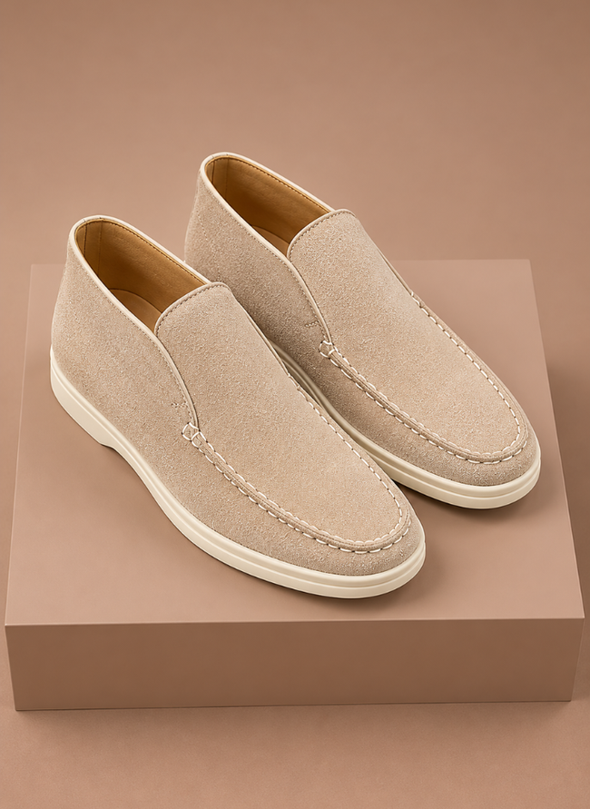 Men's suede ankle loafers by FJØRNA, smart casual moc-toe shoes with a sleek design and comfortable fit for everyday wear.