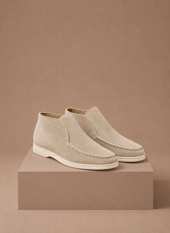 Men's suede ankle loafers by FJØRNA featuring a smart casual moc-toe design, perfect for stylish everyday wear.
