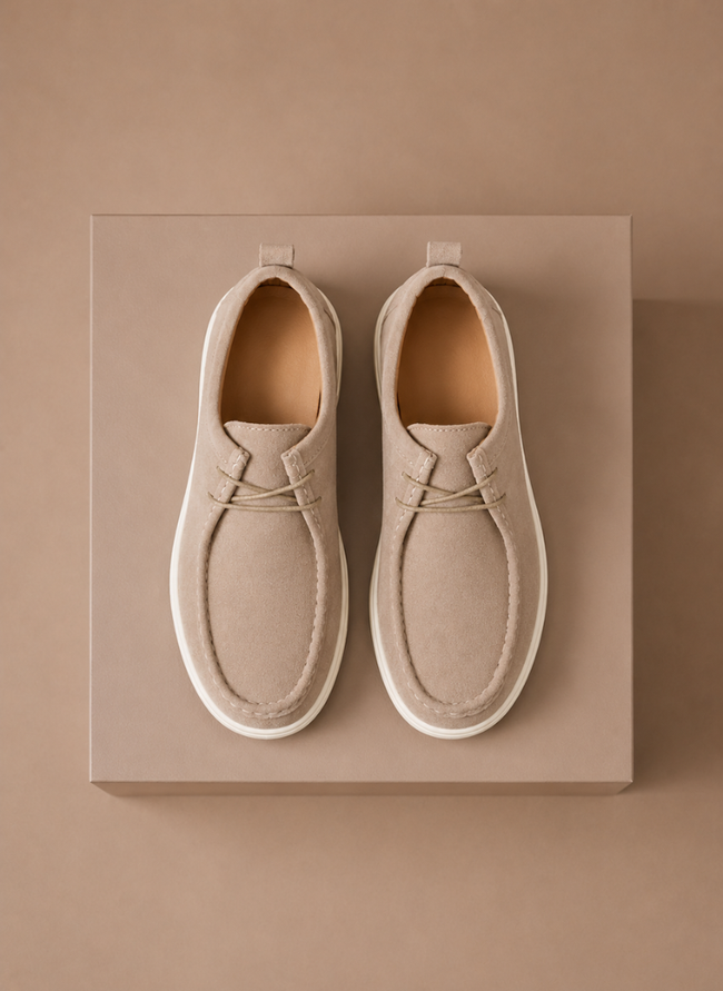 FJØRNA men's moc-toe lace-up suede shoes, casual everyday men's shoes with a comfortable slip-on design and stylish appearance.