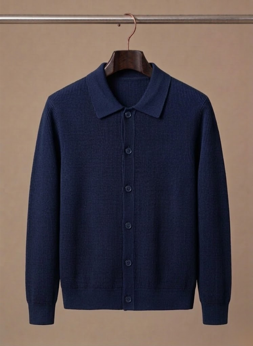 Men's FJØRNA breathable knit cardigan sweater, smart casual layer with a cozy, textured knit design and button front.