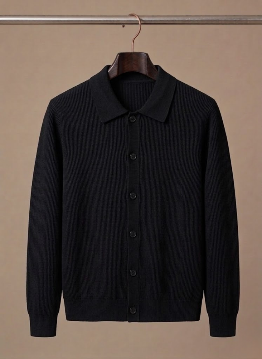 Men's breathable knit cardigan sweater by FJØRNA, featuring a smart casual style, displayed on a model.