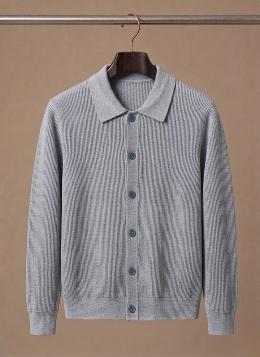 Men's breathable knit cardigan sweater by FJØRNA, featuring a smart casual design and soft, comfortable fabric.