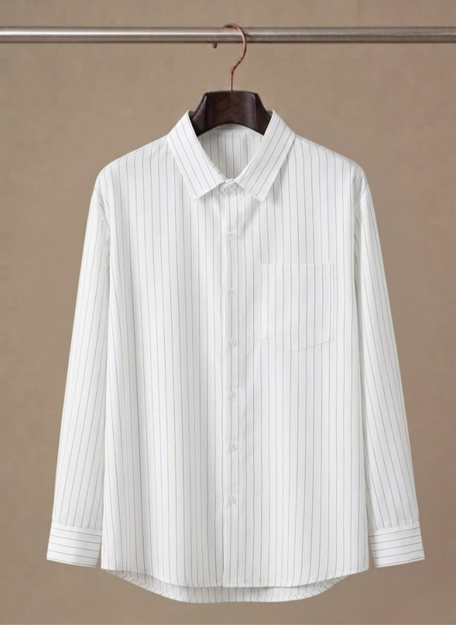 Men's cotton striped casual shirt by FJØRNA featuring a classic button-up design and long sleeves.