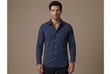 Men's cotton striped shirt by FJØRNA, classic button-up style with a casual fit, featuring vertical blue and white stripes.